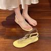 Beach Flat Toe Sandals New Summer Outwear Round Toe Open Toe Clear Rhinestone Soft Sole Non-Slip Roman Sandals