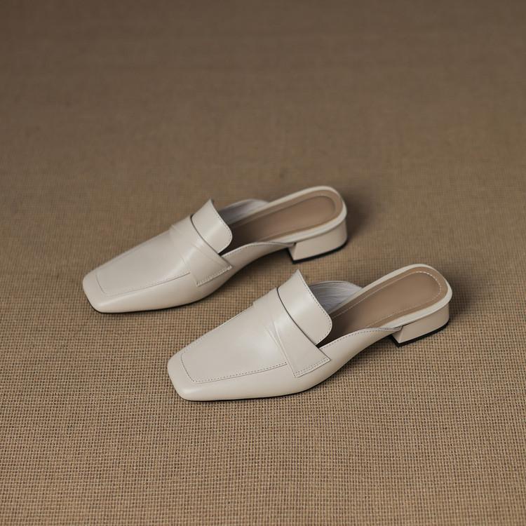 Low-heeled baotou half slippers genuine leather women's summer wear 2025 new Internet celebrity European French Muller cool slippers