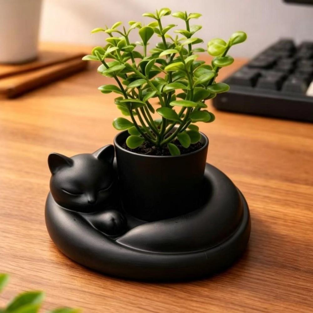 3D Printed Cat Sleeping Flowerpot Plastic Animal Shaped Planter Cat-Shaped Planter Pot Desktop