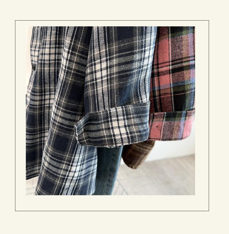 2025 Autumn Plus Size Retro Plaid Long Sleeve Loose Shirt Cardigan