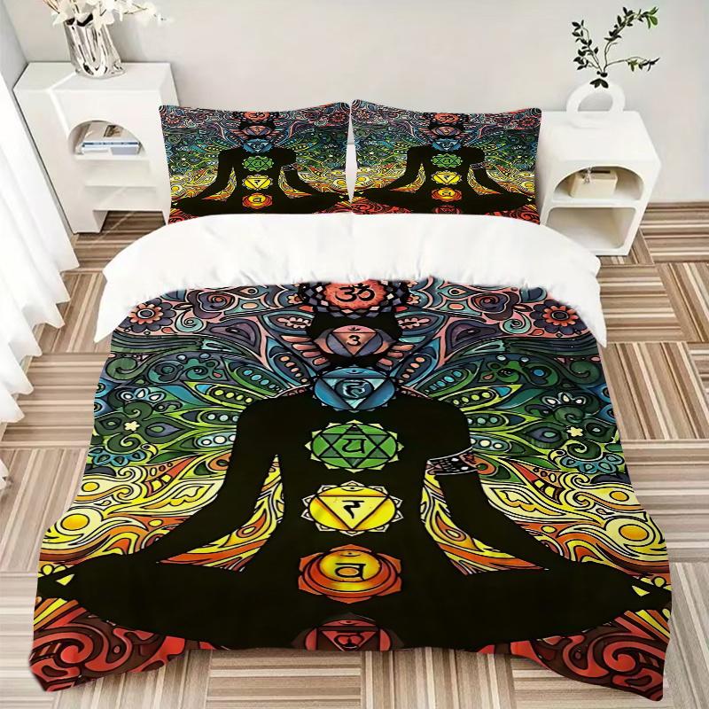 3pcs Chakra Meditation Silhouette Comforter Set with One Quilt Cover and Two Pillowcases (No Core), Perfect for Bedroom or Guest Room Decoration, Feat