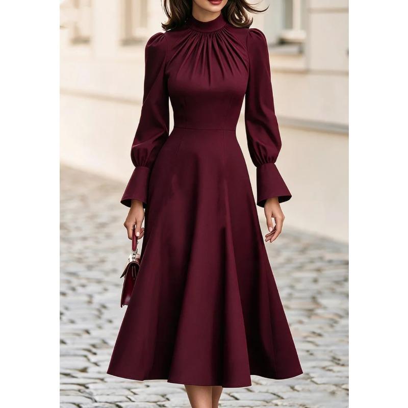 DICIFY Women's Fashion Autumn Winter Stand-up Collar Long Sleeve Solid Color Print Casual Dresses