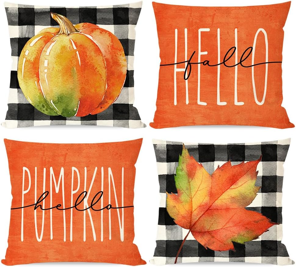 Fall Plaid Pillow Covers Set of 4 Buffalo Plaid Autumn Pumpkin Sunflower Farmhouse Decor Cushion Cases for Home Porch 4PCS