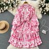 Vintage Summer Floral Print Ruffles Single Breasted Long Sleeve High Waist Vocation Beach Long Women Dress