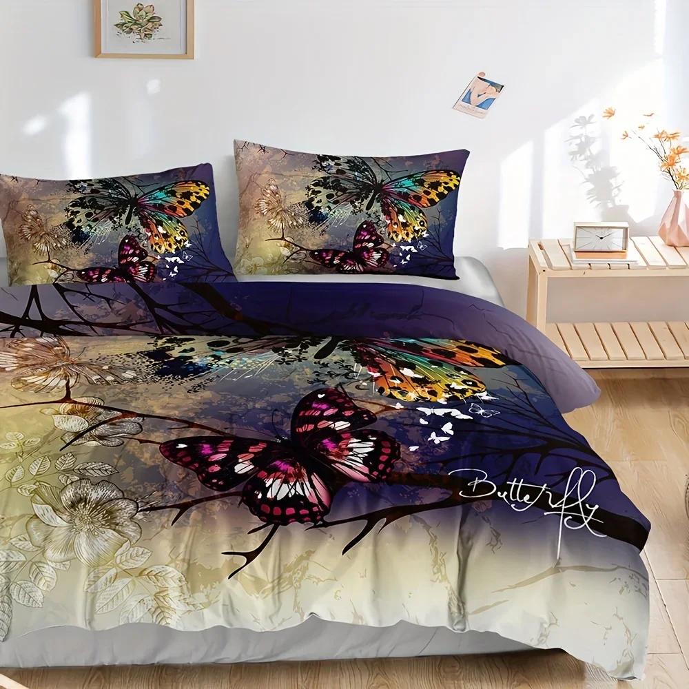 3pcs Soft Butterfly Print Duvet Cover Set for Comfortable Sleep - 3 Piece Bedding Set for Bedroom or Guest Room
