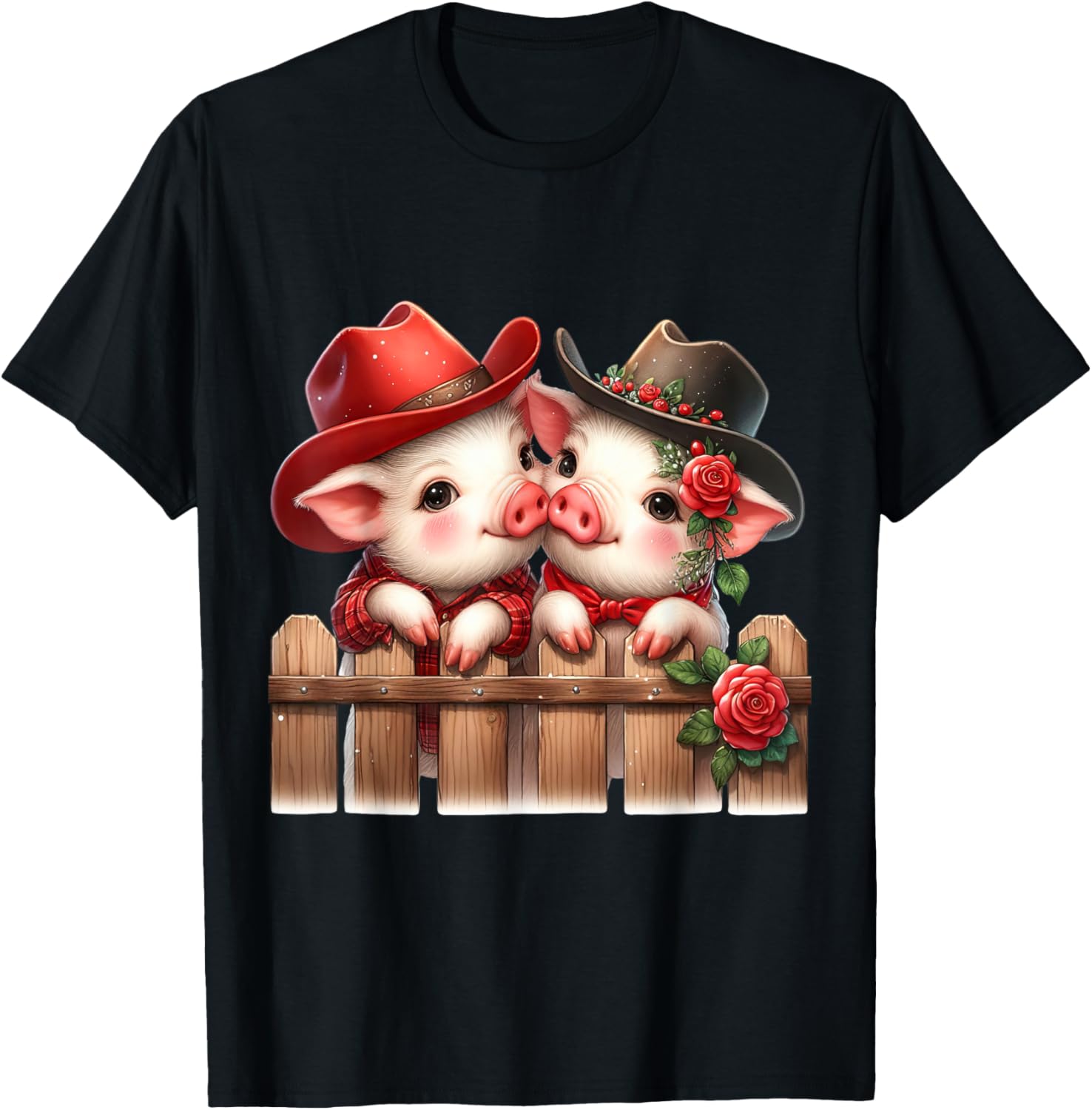 Cute Cowboy Pig Couple Valentine Farm Animal Graphic Tee Casual Daily Crewneck T-Shirt 4XL
