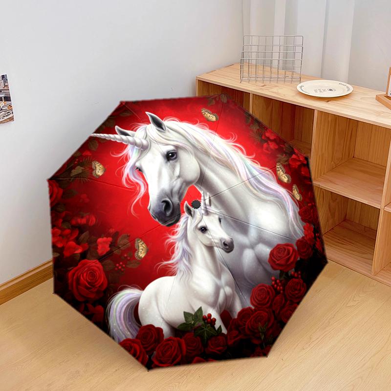 1 PC Automatic Folding Umbrella - Red Rose Horse Pattern, Portable & Foldable Design with 8 Ribs, Christmas Birthday Gifts