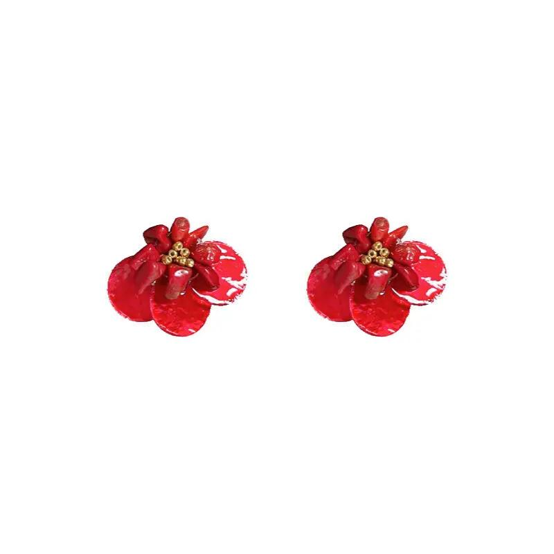 Bright Round Colorful Shell Flower Drop Earrings for Women Girls Vintage Small Stones Beaded Flower Stamens Jewelry Accessories