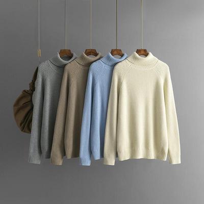 Outono Inverno Vintage Solto Manga Comprida Top Pulôver Tricot Cor Sólida Gola Média Alta Suéter Grosso