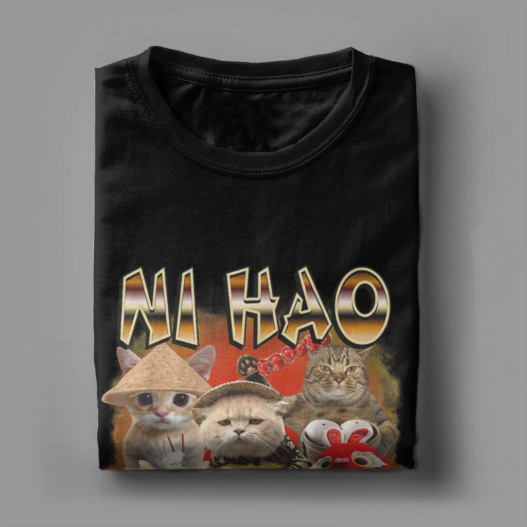 Men's T-Shirt Ni Hao Fine Shyt Funny Brainrot Meme Funny 100% Cotton Tee Shirt Short Sleeve Cute Cat T Shirts Clothing Graphic