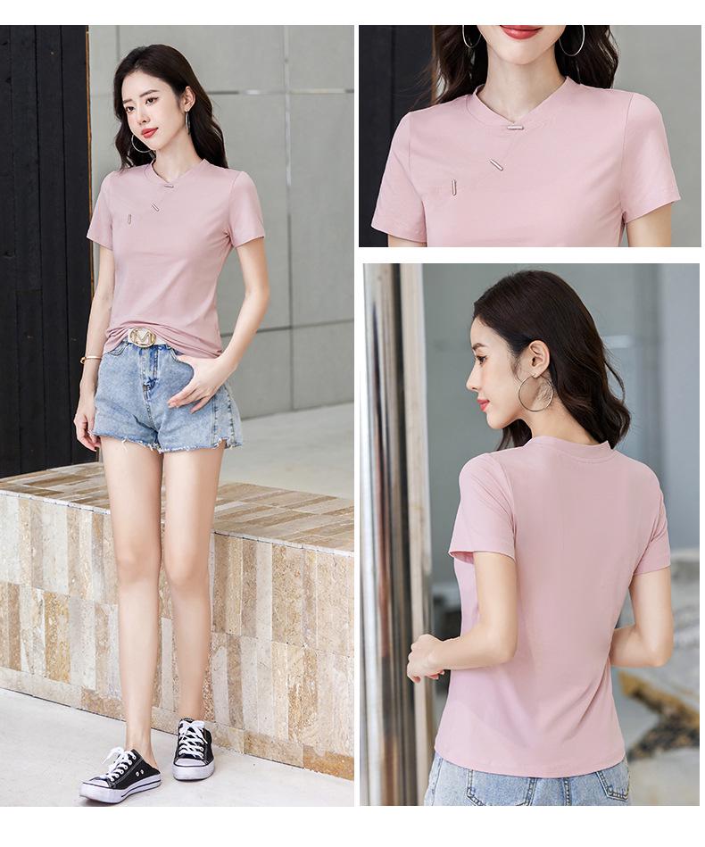 Enhanced Slim Fit Minimalist Cotton T-Shirt with Chinese and Korean Style Buttons - Short Sleeve Women's Top