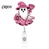 Decorative Badge Holder for Nurses Halloween Ghost Reel, Glitter Acrylic Retractable Clip, Cute Pink Durable ID Reel Name Women Nurse Teacher Medical