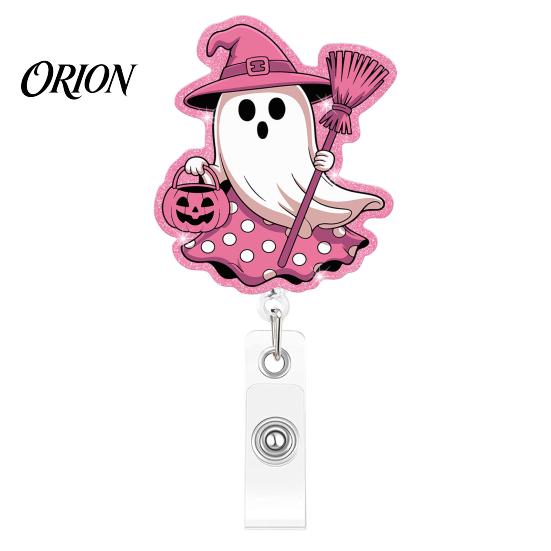 Decorative Badge Holder for Nurses Halloween Ghost Reel, Glitter Acrylic Retractable Clip, Cute Pink Durable ID Reel Name Women Nurse Teacher Medical