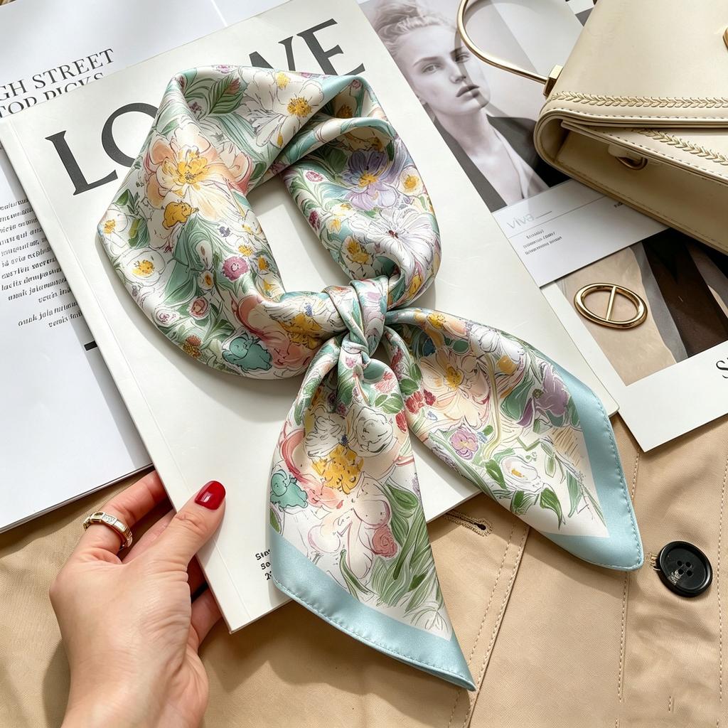 Commuter elegant flower silk scarf women's contrasting color retro printing satin scarf shirt with multi-purpose decorative small scarf