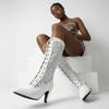 2026 New Big Size 47 Elegant White Lace Mesh Summer Boots Women Black Pointy Toe Thin High Heels Lace-up Mid-calf Boots Shoes