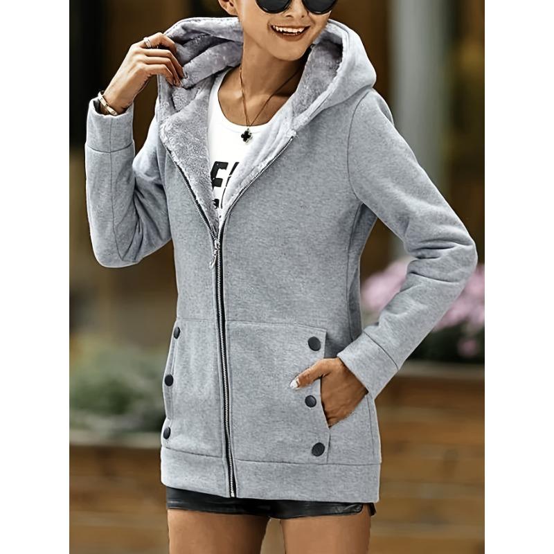 Women's Casual Fleece Hooded Jacket, Solid Color Long Sleeve Zip-Up Sweatshirt Fall/Winter Outerwear