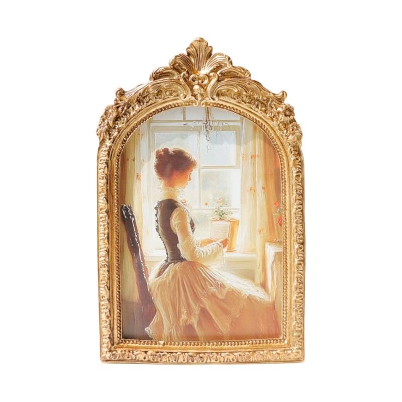 Handcrafted Antique Gold Carving Arch Picture Frame With Hanging Hook And Stand For Wall Or Tabletop Decoration Display