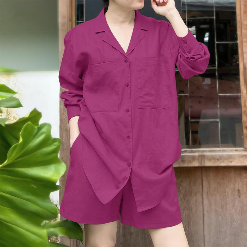 

ZANZEA Женская блузка с отложным воротником и длинным рукавом, летние шорты, костюм-двойка 2XL