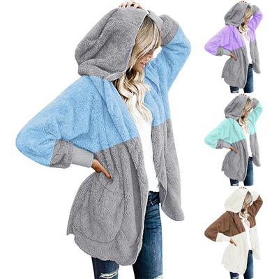 Fashion Women Plush Pocket Hooded Cardigan Jacket Casual Loose Stitching Jacket