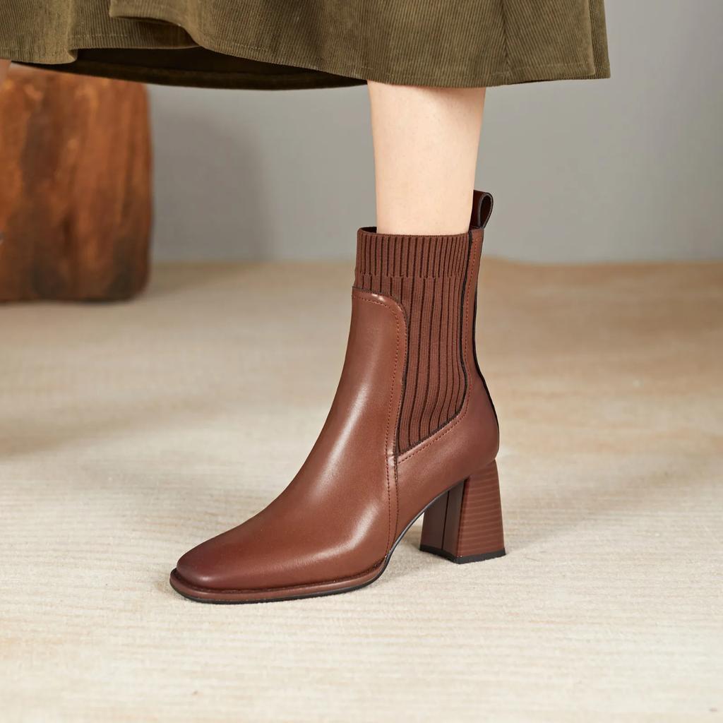 Fashion Fashiong French Retro Square Toe Women Shoes High Heeled Knitted Short Boots Temperament Thick Heeled Socks Boots 2025