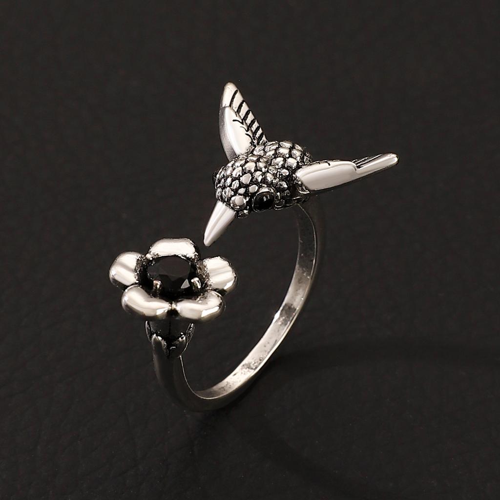 Hummingbird & Flower Open Ring Collection, Gold/Silver Tone Adjustable Gemstone Bird Rings for Women