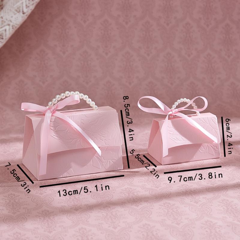 10Pcs Pink Pearl Portable Gift Box Wedding Portable Ribbon Souvenir Wedding Candy Paper Box Diy Party Packaging Supplies