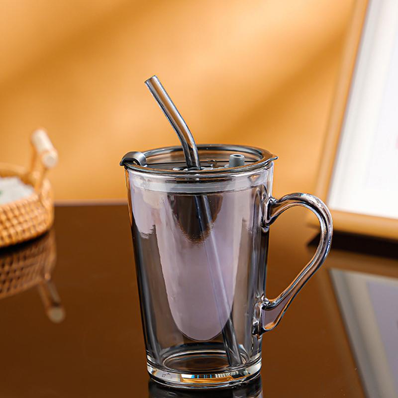 450ml Glass Coffee Cups with Lids and Straws Clear Glass Water Bottles with Handle for Iced Coffee Beer Juice Smoothie Cup