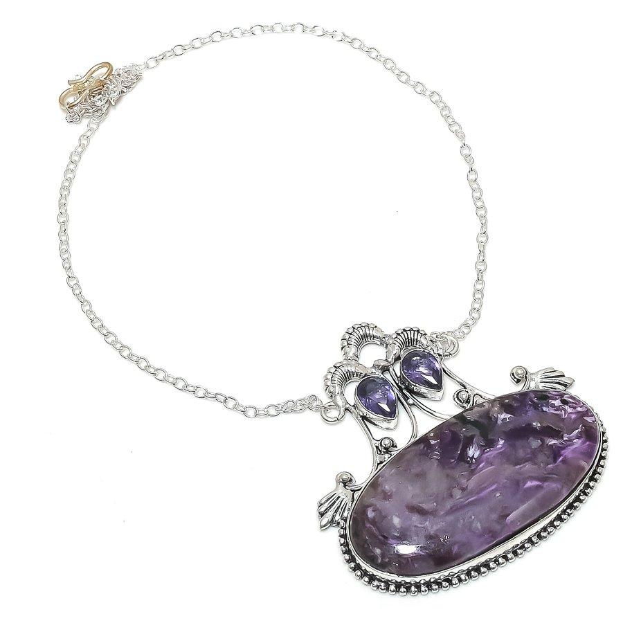 

Natural Russian Charoite Gemstone 925 Sterling Silver Jewelry Necklace 18 k8z74