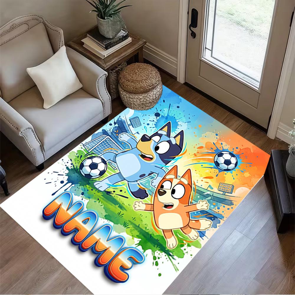 Bluey's Soccer Fun Customizable Name Floor Mat Suitable for Entryway Dormitory Dining Room Decorate room Anti-slip Rug Anime Office Decor