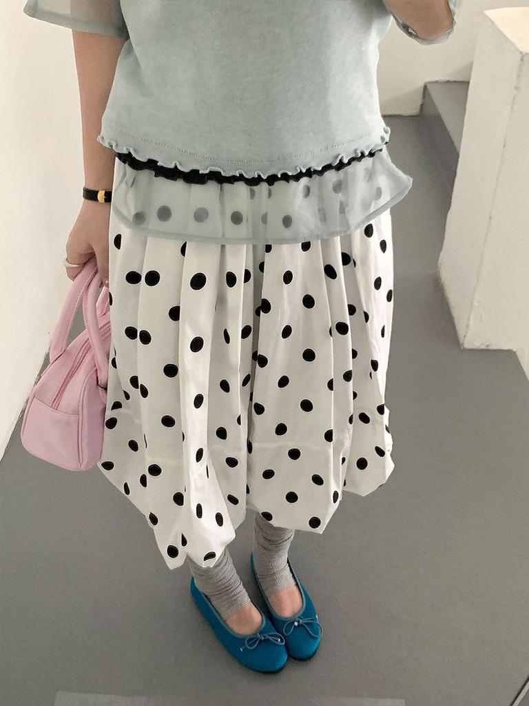 Thirteen Row Women's Fluffy Polka Dot Skirt with Elastic Waist