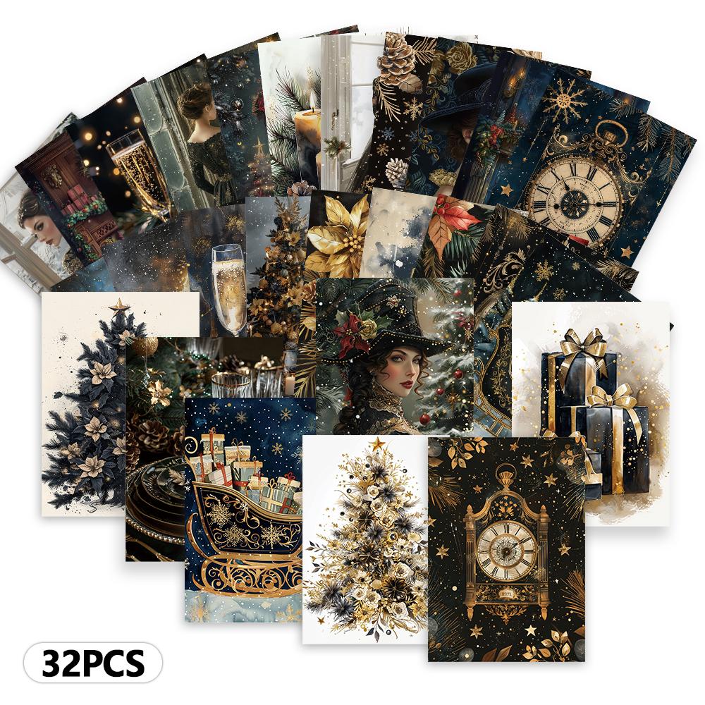 32pcs Vintage Black and Gold Christmas Postcards, Halloween/New Year/Birthday, Gifts, Collectibles, Mail-Ready