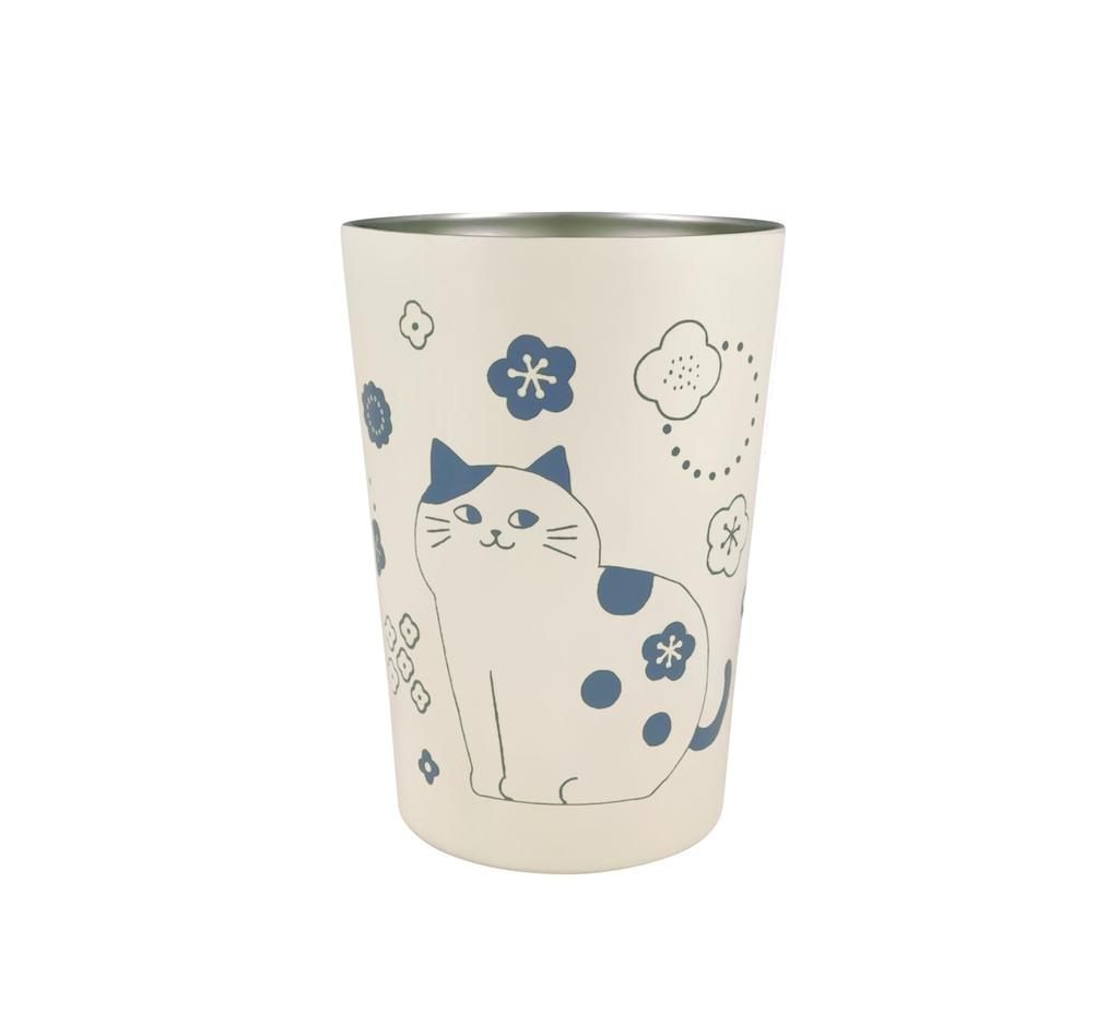 Jimbocho Nyankodo 2-Way Vacuum-Sealed Tumbler, Medium [Hannari Nyanko], OfficeWork Desk Cup, InsulatedCold Holder, Cute Cat Design, 225-002