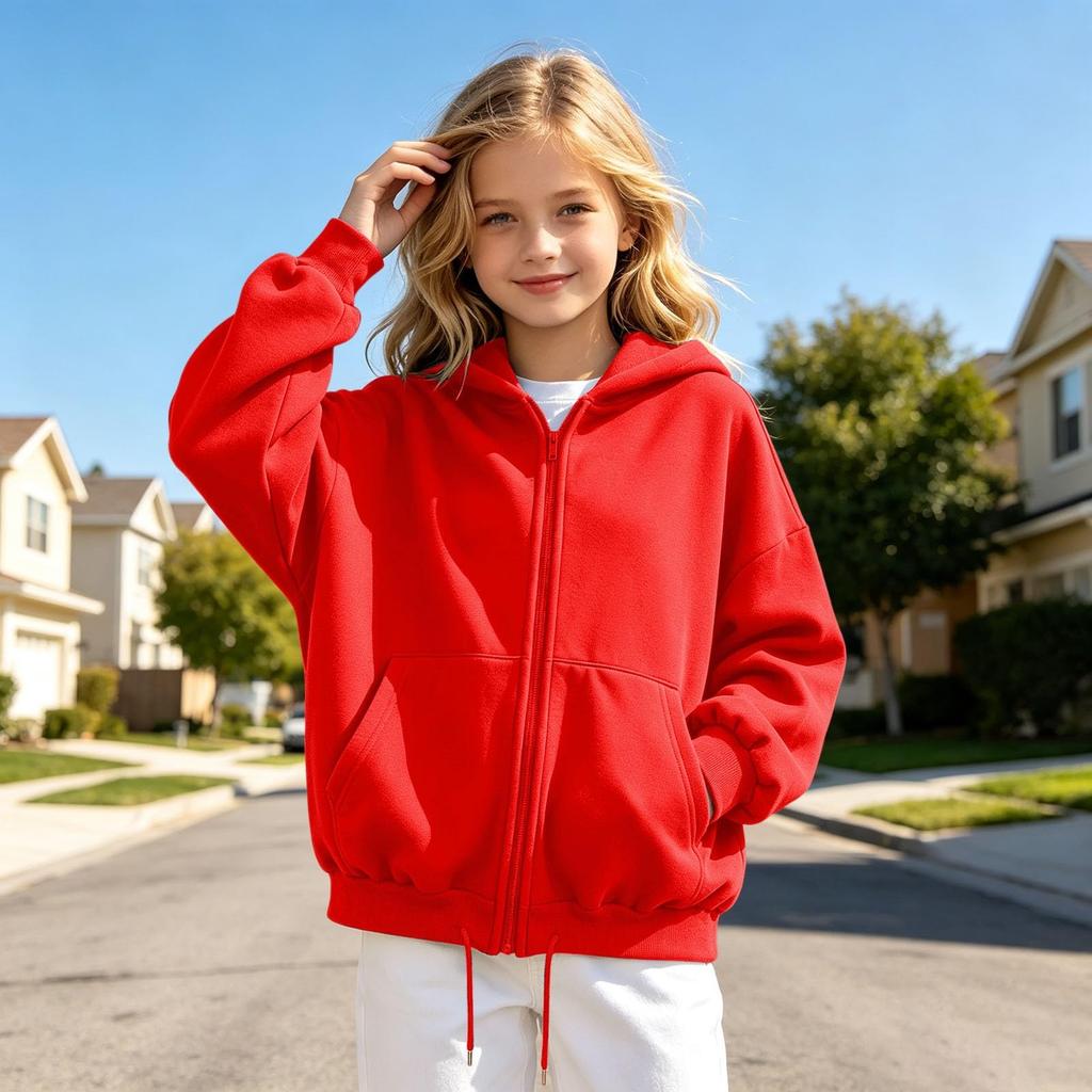 Kids Color Long Sleeve Hooded Zip-Up Sweatshirt Jacket with Hem for Medium and Big Kids