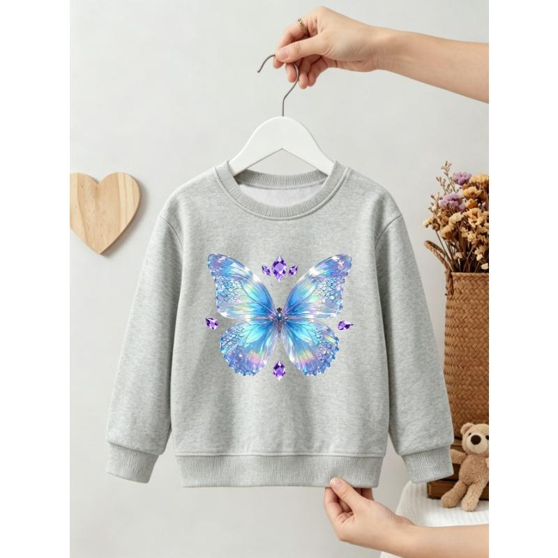 Kids Girls Crewneck Sweatshirt, Shimmer Iridescent Blue Butterfly With Purple Crystal Gem Print Black Soft Fleece Pullover