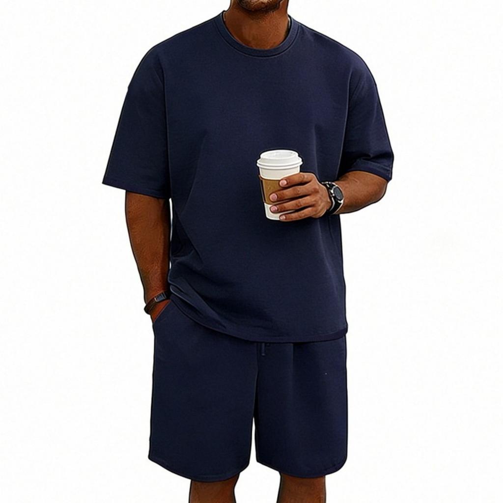 Men's Color Sports Casual Round Neck Short Sleeve Shorts Set
