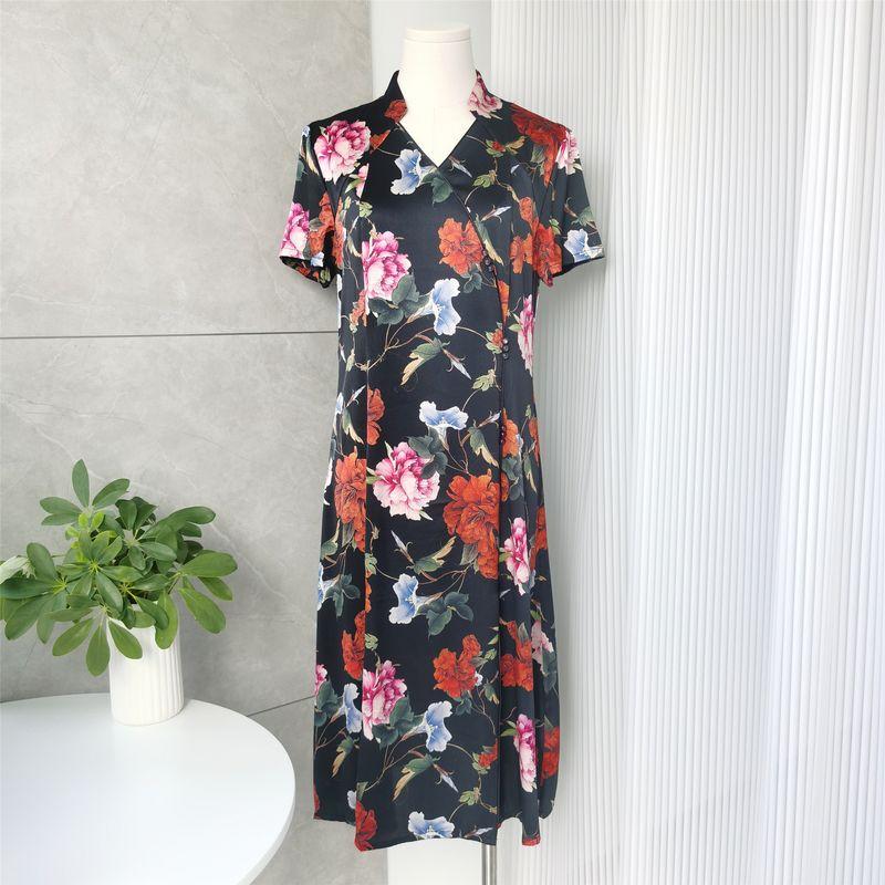 Hangzhou Silk Heavy Weight Silk Dress Mother Clothes Satin Mulberry Silk Improved Cheongsam Plus Size Loose Western Style