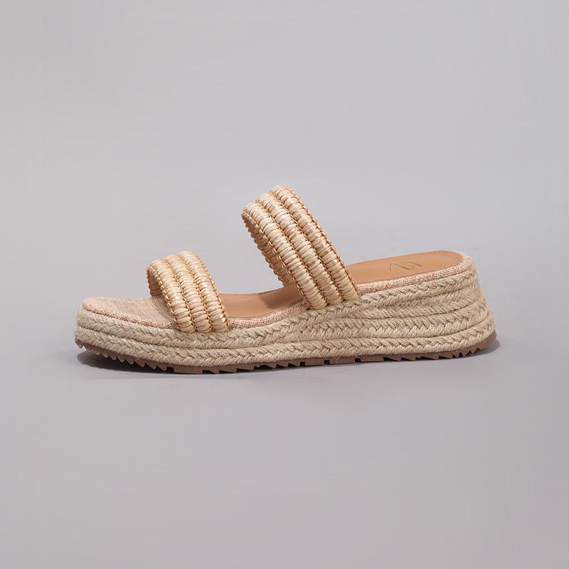 

Hemp rope slope heel platform sandals women s woven straw rope word with casual summer casual flat slippers versatile fashion 43 абрикосовый