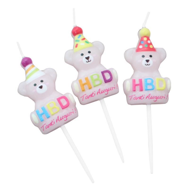 Cartoon 3 Little Bear Birthday Candles HBD Brown Cute Party Hat Little Bear Children's Cake Candle Decoration