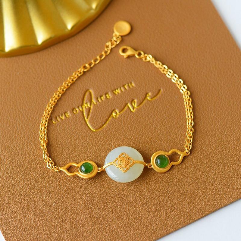 New Inlaid Natural Hetian Chalcedony Gourd Adjustable Bracelet Chinese Style Ancient Gold Craft Charm Female Jewelry