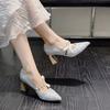 Autumn Not Tired Feet Mary Jane Shoes Chinese Pointed Toe Pearl Bow Temperament High Heeled Single Shoes