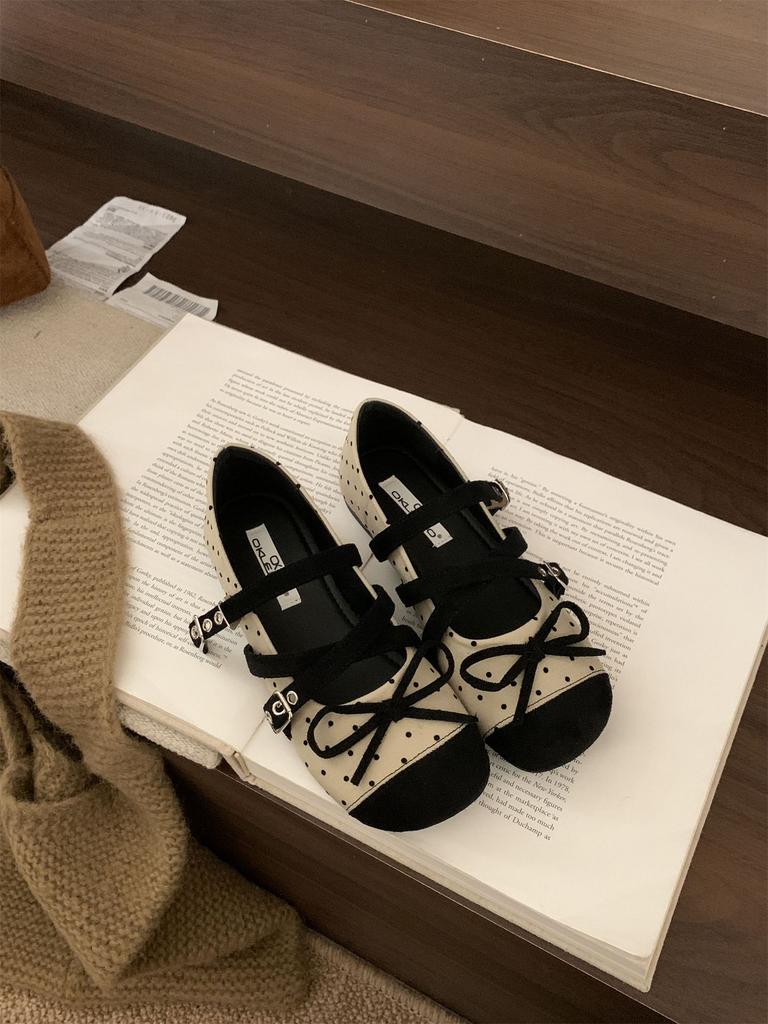 Korean Version of Round Head Suede Splicing Double Row One-word Belt Ladyshoes Women's 2025 New Autumn Versatile Flat Bottom Shallow Mouth Single Shoe