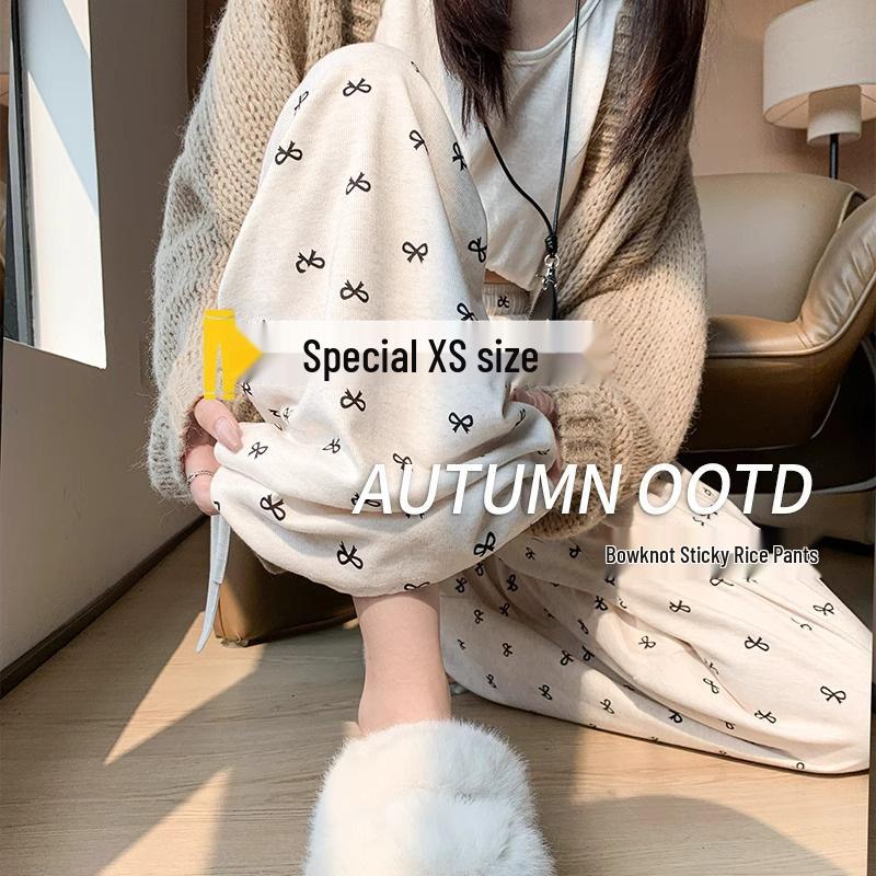 

Petite Bow Elastic Waist Glutinous Rice Pants: High-Waist, Loose, Wide-Leg Casual Pants for Spring/Autumn (Suitable for 150cm). S (80-95 lbs)