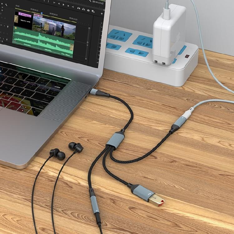 USB Type C 3 In 1 Expansion Cable 3.5mm Sound PD60W Fast Charging OTG Data Cable for Notebook and Tablets