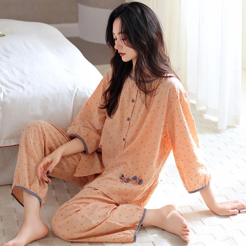 Women's Three-Quarter Sleeve Cotton Gauze Pajamas, Spring/Autumn 2025 Collection, Pure Cotton Home Wear 