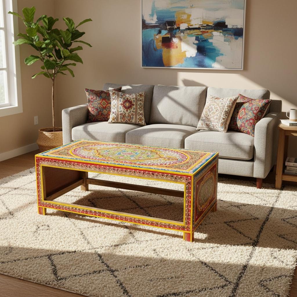 Wooden Rajasthani Coffee Table | Traditional Indian Wooden Table with Intricate Floral Painting, Colorful Ethnic Decor, Central Accent Table