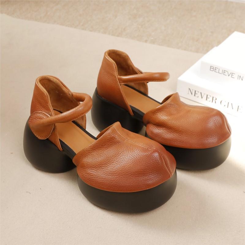 Johnature Sandálias vintage de couro legítimo bico redondo cor sólida sapatos plataforma femininos versáteis