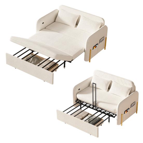 Divano Letto Convertibile 3 in 1, Divanetto Sleeper in Bouclé con Letto Estraibile e Cassetto, Divano Letto con Tasche Laterali, 2 Cuscini, Porte USB e Dorato