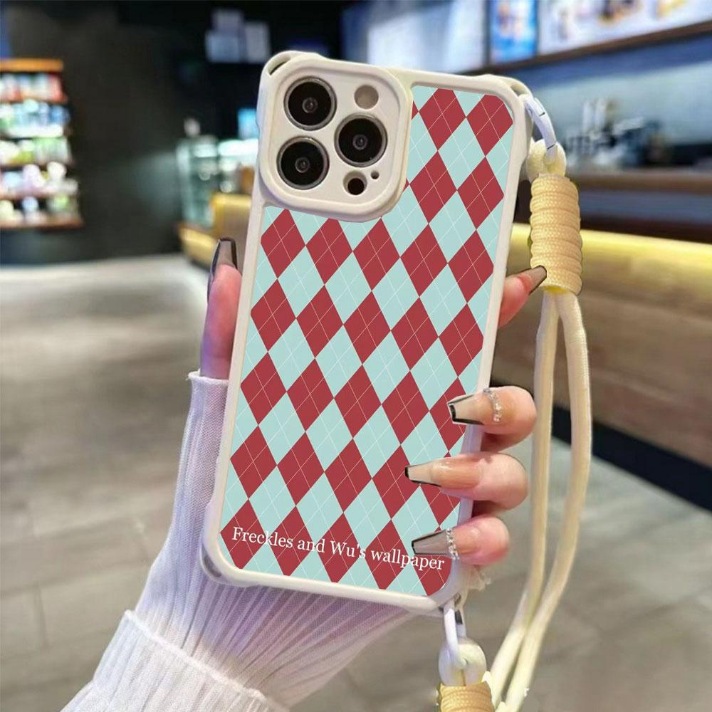 

Корейский клетчатый узор для чехлов для телефонов iPhone 17 16 15 14 12, противоударный чехол с цепочкой для защиты четырех углов и защиты объектива iphone 12 белый