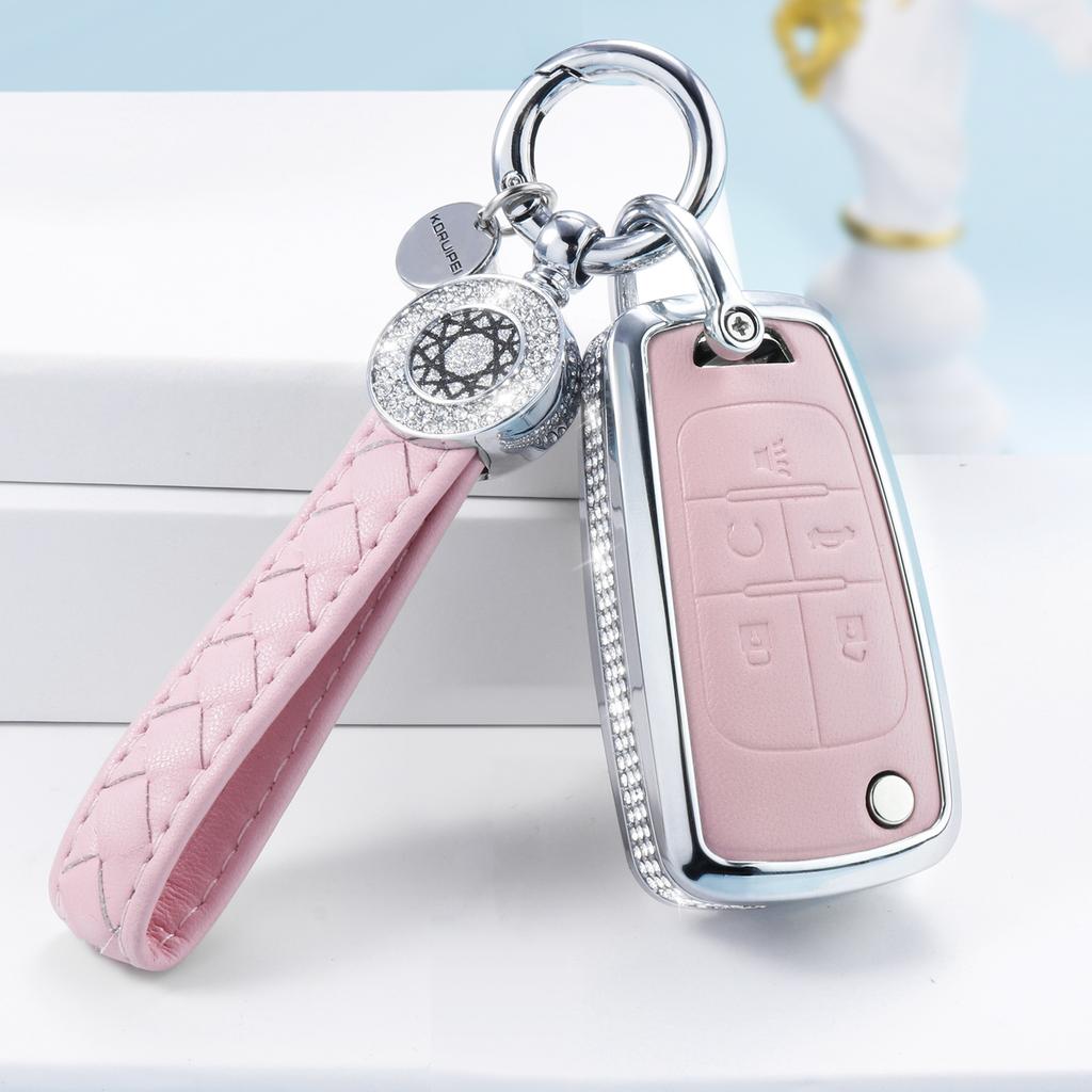 For Chevy Key Fob Cover with Keychain, Pink Leather Crystal Key Case Protection Shell Compatible with Chevrolet Equinox Camaro C