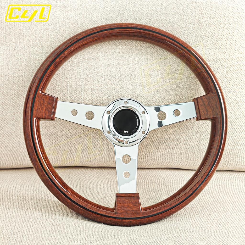JDM 340mm Classic Wood Style Steering Wheel Chrome Spoke Vintage Sports Steering Wheel